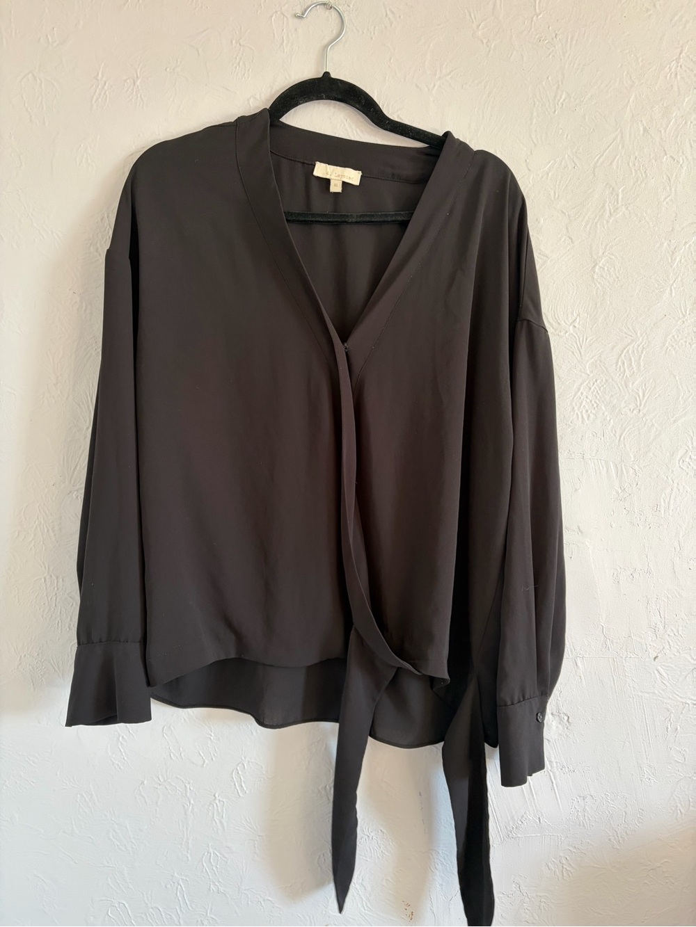 & Layered Black Chiffon Wrap Tie Front Long Sleeve Blouse Top Size XL